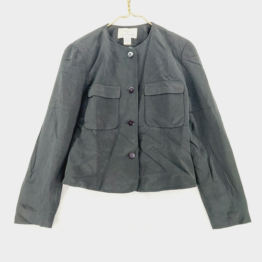 Design by Pat Argenti Black 100% Silk Button Up Chest Pockets Blazer P2991